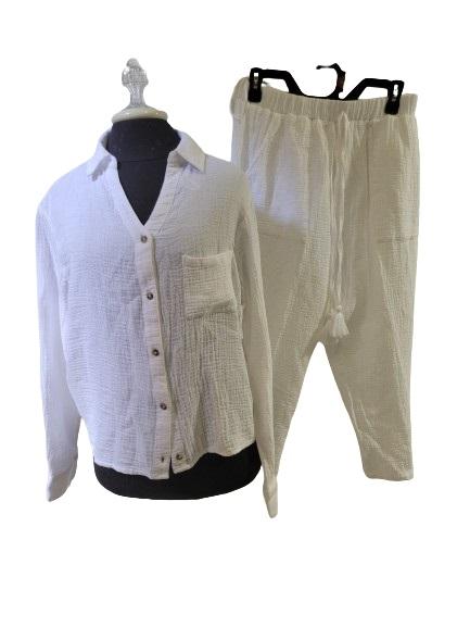 NWT Japana M Crinkle Gauze Button Up Shirt and Capri Pants White 119529