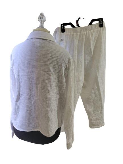 NWT Japana M Crinkle Gauze Button Up Shirt and Capri Pants White 119529