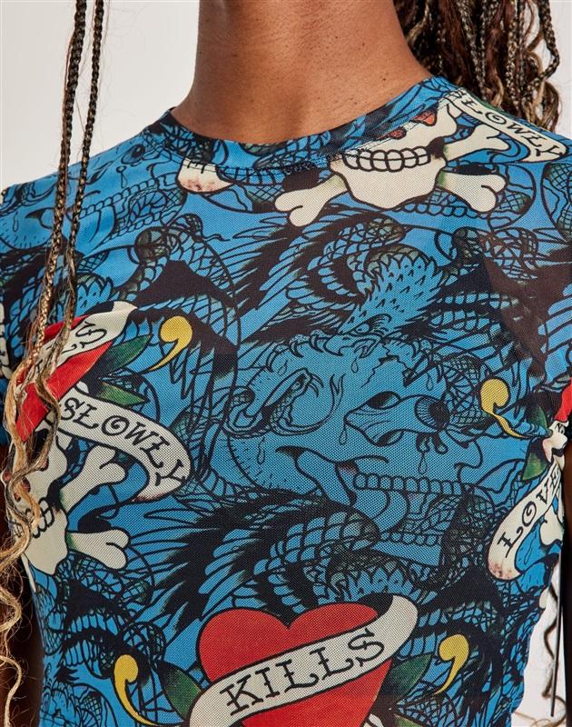 NWT Ed Hardy L Skull Mesh Crop T Shirt Love Kills 119555