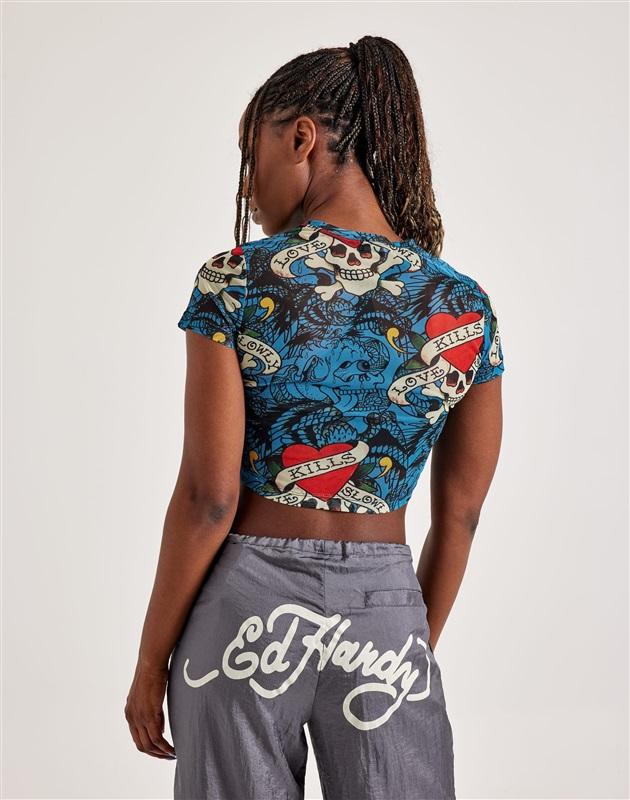 NWT Ed Hardy L Skull Mesh Crop T Shirt Love Kills 119555