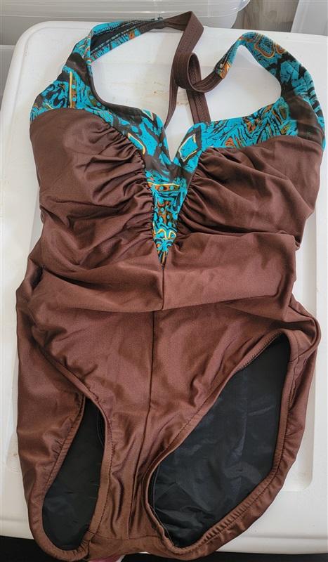 NWOT Carol Wior 8 Underwire Brown & Blue 1pc Deep V Swimsuit 119582