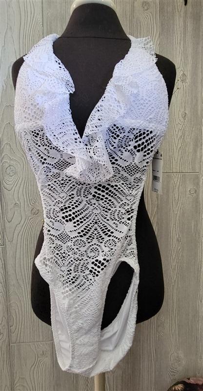 NWOT Ralph Lauren XS White Crochet Lace Ruffled 1PC Monokini Swimsuit 119591