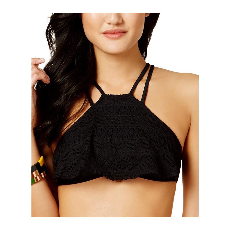 NWT Hula Honey M Black High Neck Geometric Lace Bikini Swim Top Swimsuit #119873