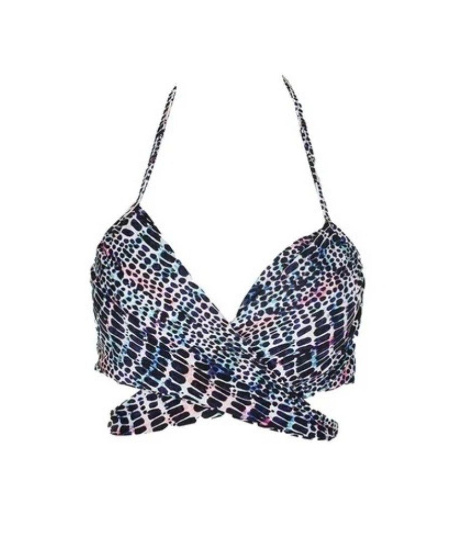 NWT Sundazed Simone Animal Print 36C Halter Wrap Bikini Top Black Multi #119881