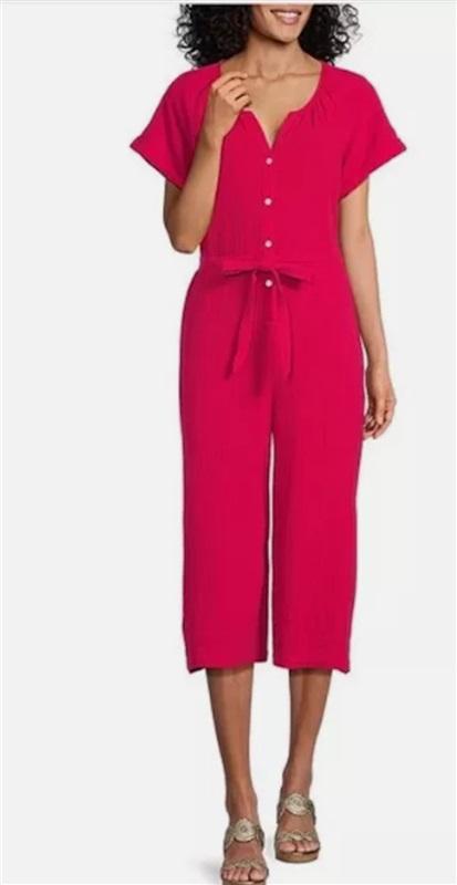 NWTD Tommy Bahama Coral Isle Belted Cotton Gauze Jumpsuit Rose Pink 119908