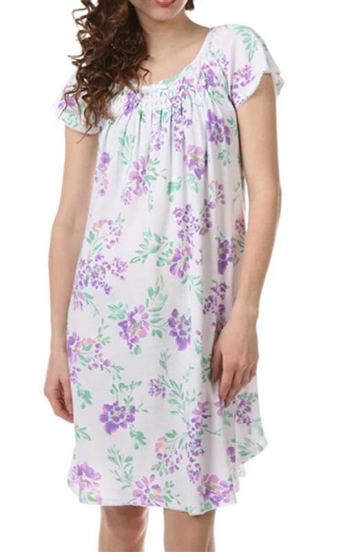 NWT Miss Elaine M Cottonessa Short Gown Floral Smocked Nightgown Violets 119918