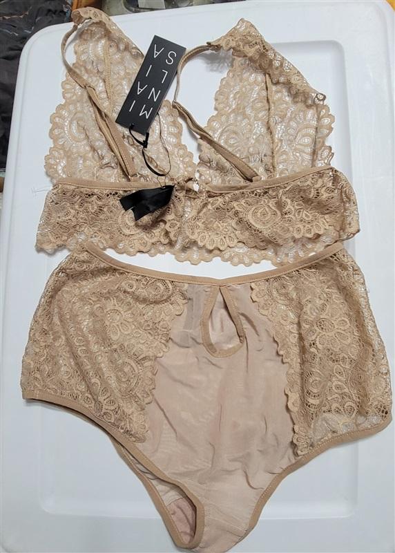 NWT Mina Lisa S Lace Bra & Keyhole Panty Set Chestnut Beige 119982