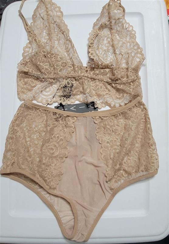 NWT Mina Lisa S Lace Bra & Keyhole Panty Set Chestnut Beige 119982