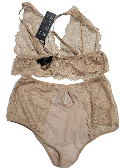 NWT Mina Lisa S Lace Bra & Keyhole Panty Set Chestnut Beige 119982