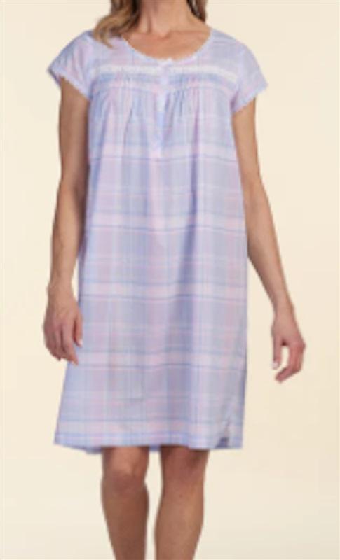 NWt Miss Elaine M Cap Sleeve Round Neck Woven Nightgown Plaid 120036