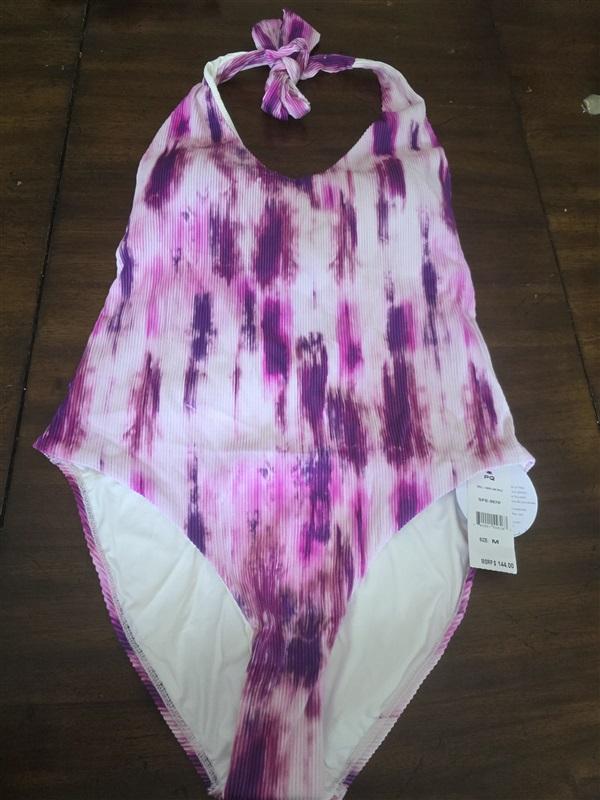 NWT Pilyq LG Avery Spell Bound Deep V Neck Halter Swimsuit Purple Pink 120064