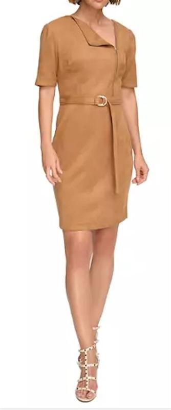 NWT DKNY 12 Ultrasuede Asymmetrical Belted Sheath Dress 120178