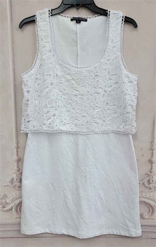 NWOT Boston Proper M Lace Overlay Tank Dress Terry Backed White 120225