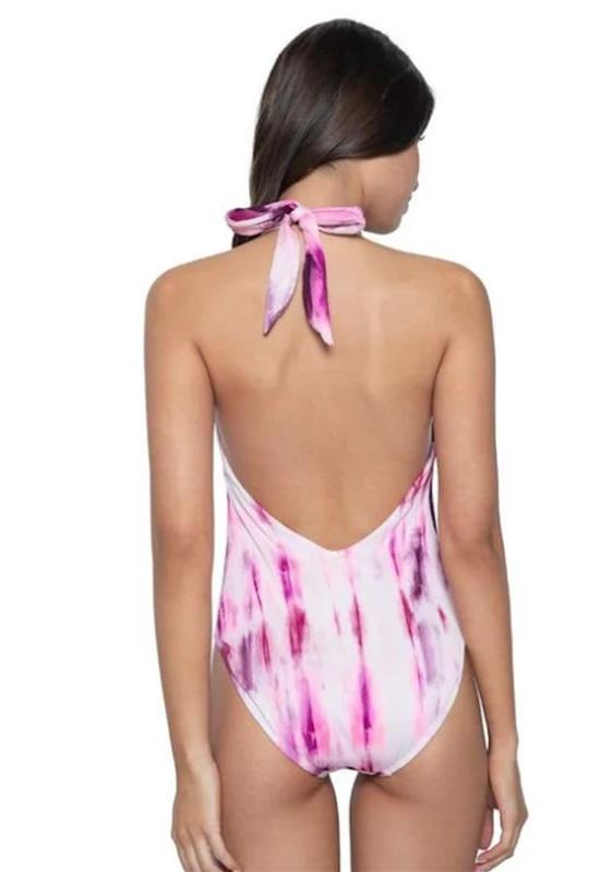 NWT Pilyq MD Avery Spell Bound Deep V Neck Halter Swimsuit Purple Pink 120380