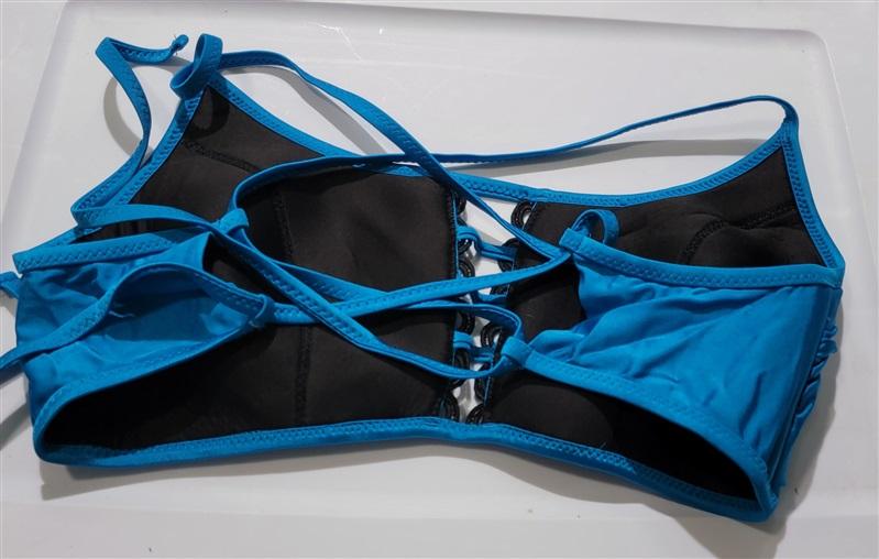 NWOT Becca 1x Electric Current High Neck Macramé Halter Bikini Top Blue 120498