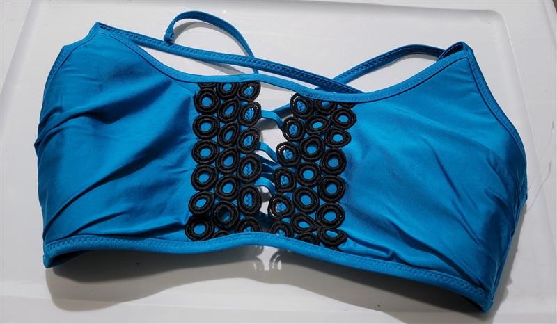 NWOT Becca 1x Electric Current High Neck Macramé Halter Bikini Top Blue 120498