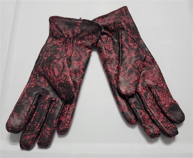 NWOT Harve Benard S Red Black Lace Print Leather Touchscreen Gloves 120575