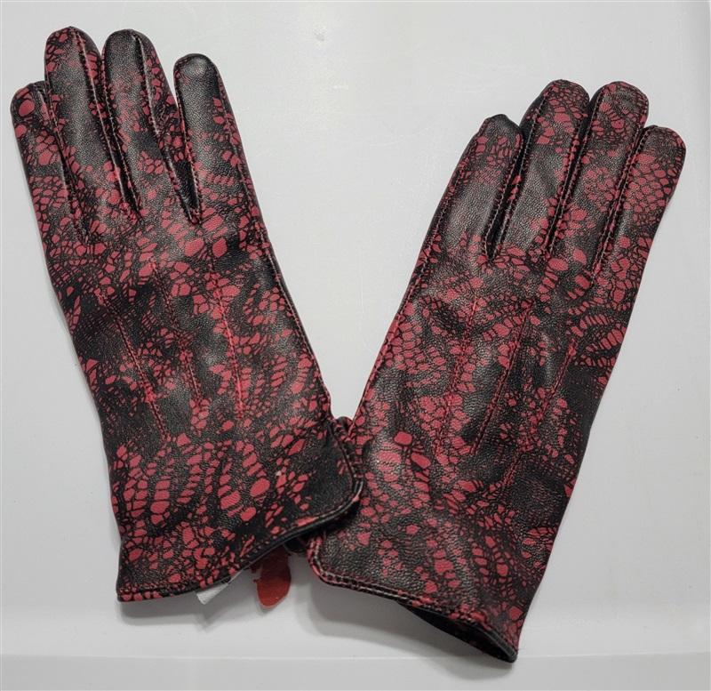 NWOT Harve Benard S Red Black Lace Print Leather Touchscreen Gloves 120575