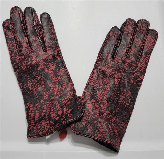 NWOT Harve Benard S Red Black Lace Print Leather Touchscreen Gloves 120575