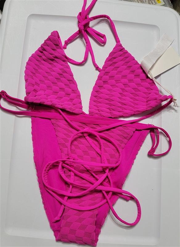 NWT Good American 3 Jacquard Better Hawiian Pink Bikini Top Bottom Set 120764