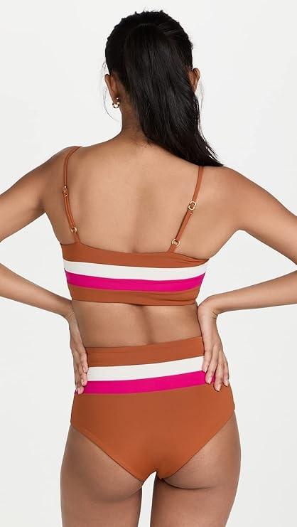 NWOT L*Space M Rebel Stripe Color Block Bikini Swim Top Brown Pink 120775