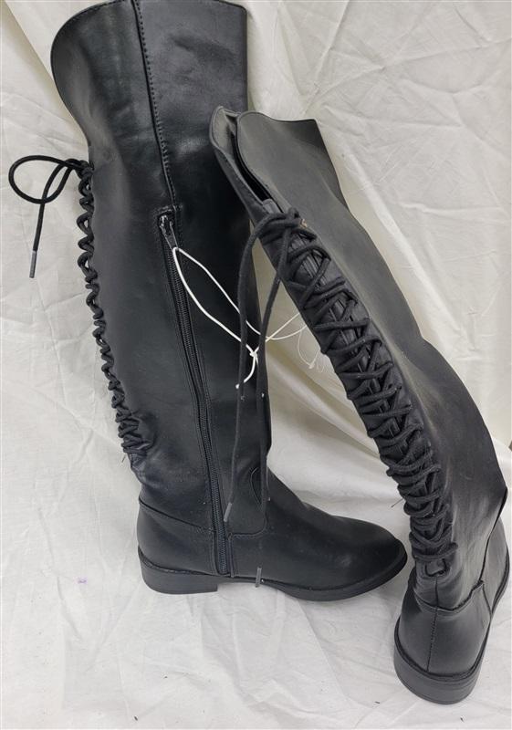 NWOT New Direction 6 Over The Knee Boots Lace Up Faux Leather Black 120877