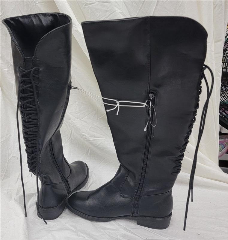 NWOT New Direction 6 Over The Knee Boots Lace Up Faux Leather Black 120877