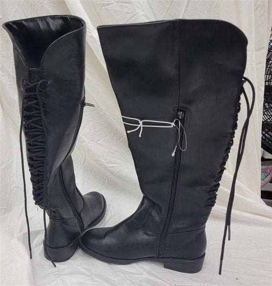 NWOT New Direction 6 Over The Knee Boots Lace Up Faux Leather Black 120877