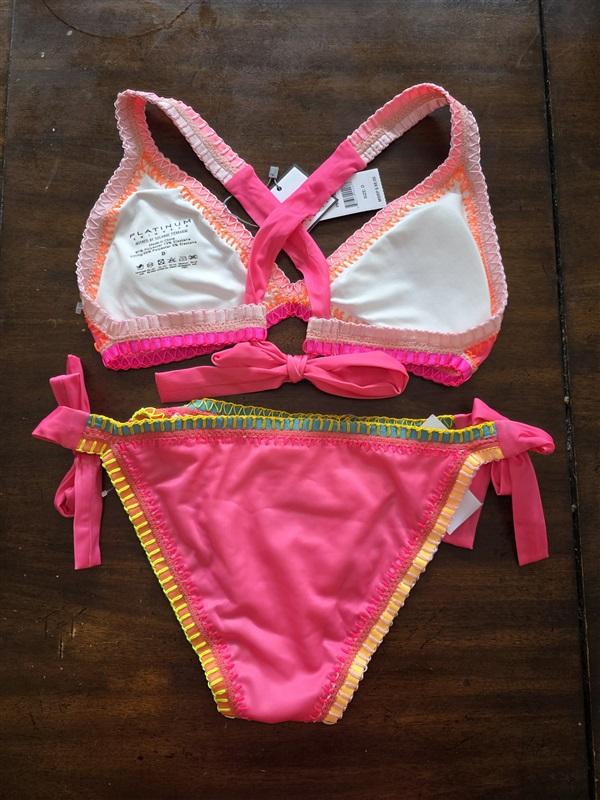 NWT Pilyq Platinum Crochet Trim M Side-Tie Bikini Swim Bottoms & Top Pink 121044