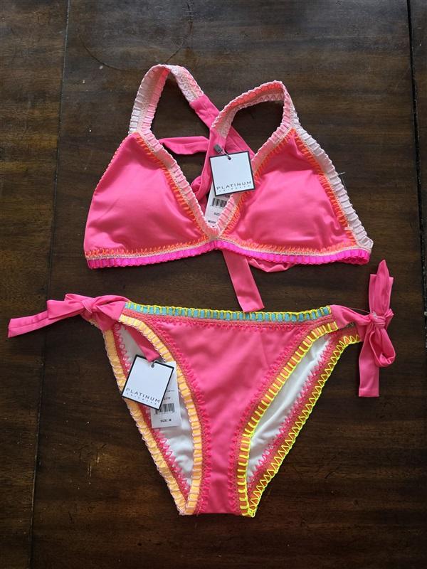 NWT Pilyq Platinum Crochet Trim M Side-Tie Bikini Swim Bottoms & Top Pink 121044