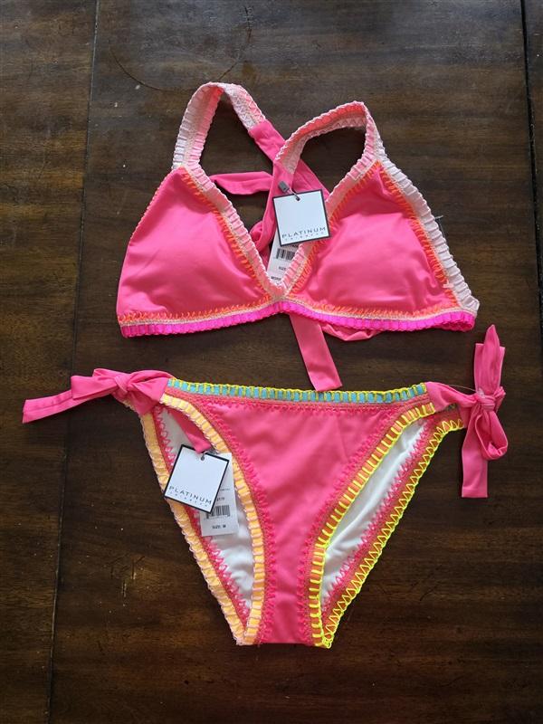 NWT Pilyq Platinum Crochet Trim M Side-Tie Bikini Swim Bottoms & Top Pink 121044