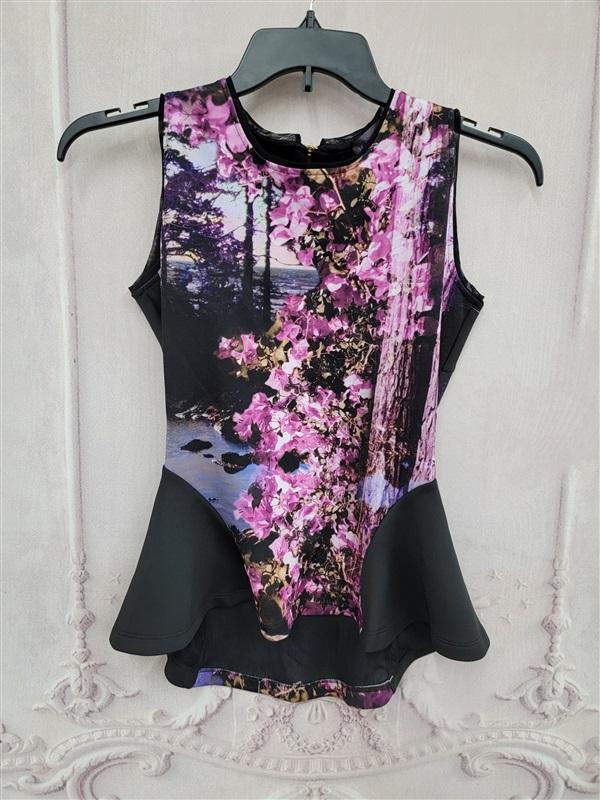 NWOT Hale Bob M Hydrangea Black Purple Peplum Top 121080