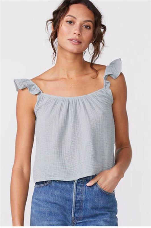 NWT Monrow XS Crinkle Gauze Tank Top Ruffle Charcoal 121330