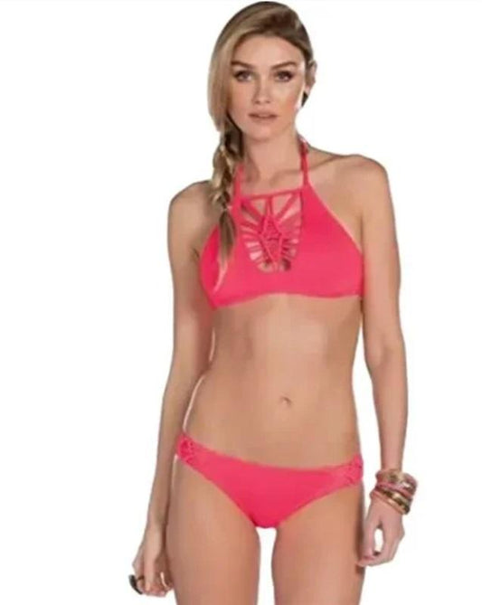 NWOT Becca Virtue L Janis Macramé High Neck Coral Bikini Swim Set 121509