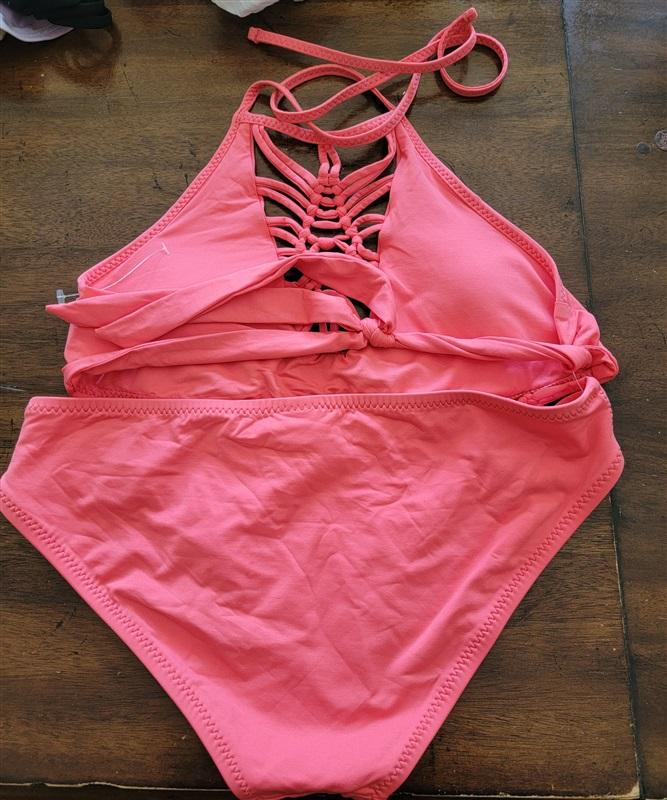 NWOT Becca Virtue L Janis Macramé High Neck Coral Bikini Swim Set 121509