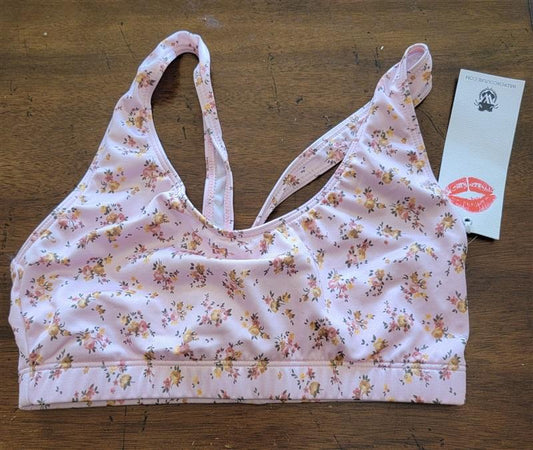 NWT WildFox XS T Back Sports Bra Pink Yellow Rose 121523