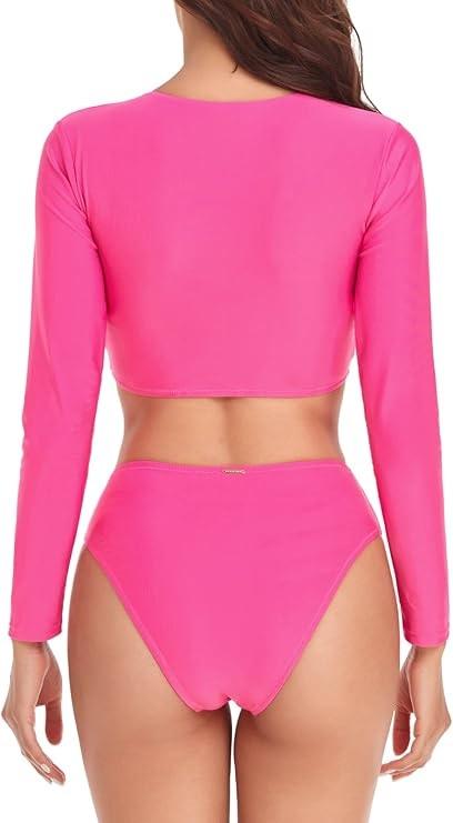 NWT Relleciga Rash Guard Long Sleeve Crop Bikini Top Pink 121641