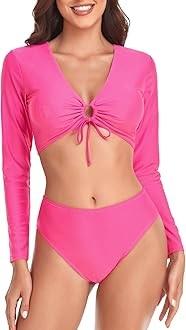NWT Relleciga Rash Guard Long Sleeve Crop Bikini Top Pink 121641