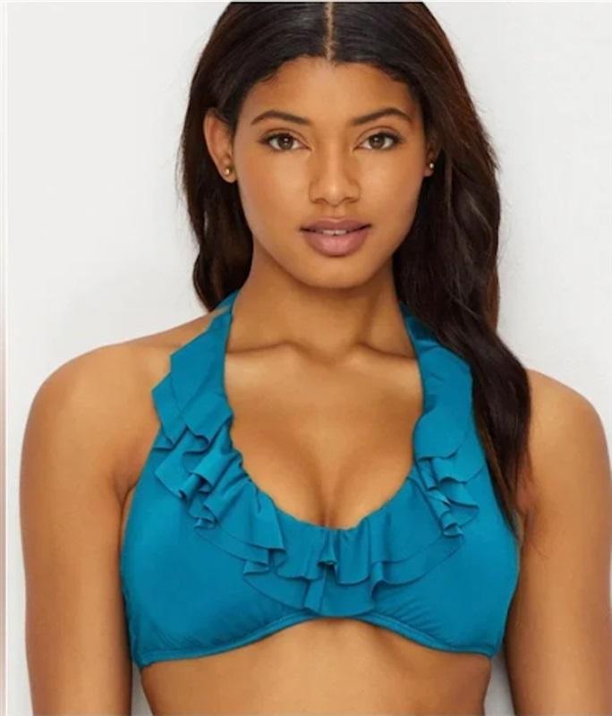 NWT Kenneth Cole M Teal Pea Underwire Ruffle Halter Bikini Swim Top 121693