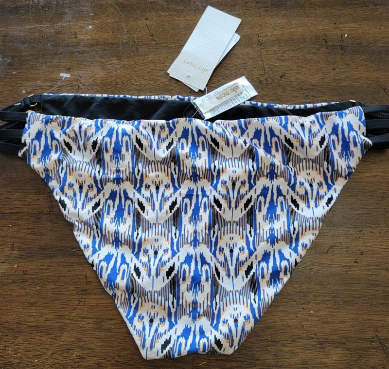 NWOT Ella Moss L Strappy Cheeky Bikini Swim Bottoms Blue White Black 121833
