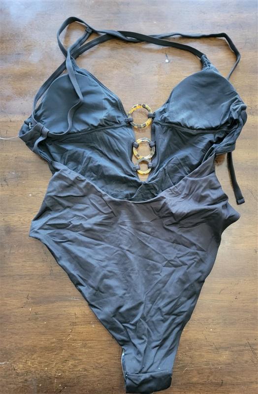 NWT Aqua Swim S 3 Ring Tie-Strap One Piece Swimsuit Black 121837