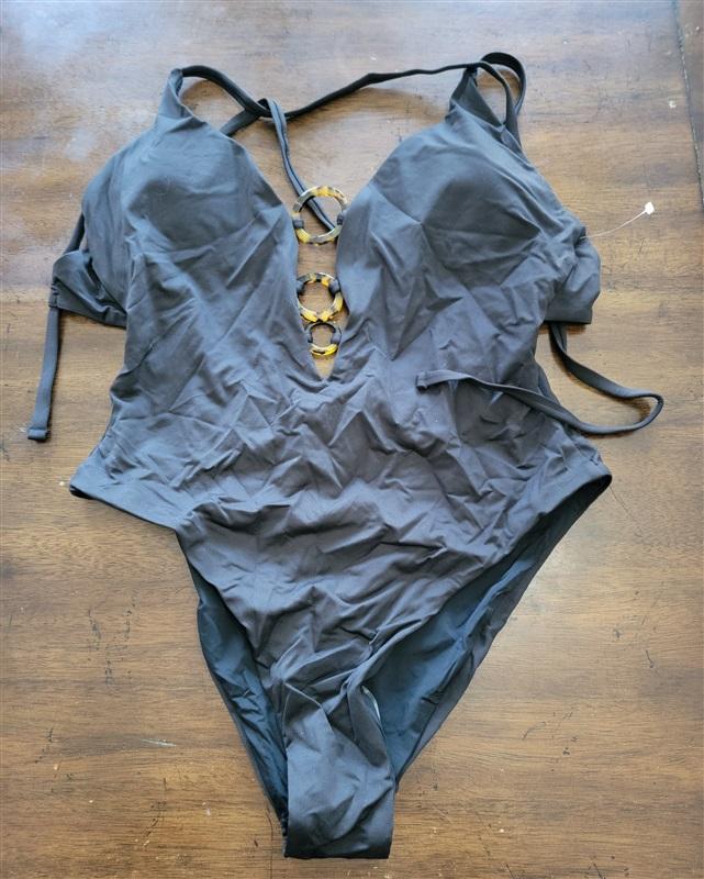 NWT Aqua Swim S 3 Ring Tie-Strap One Piece Swimsuit Black 121837