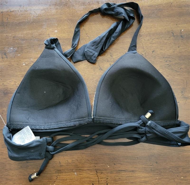 NWT Ella Moss S Black Gold Embroidery Halter Triangle Bikini Swim Top 121850