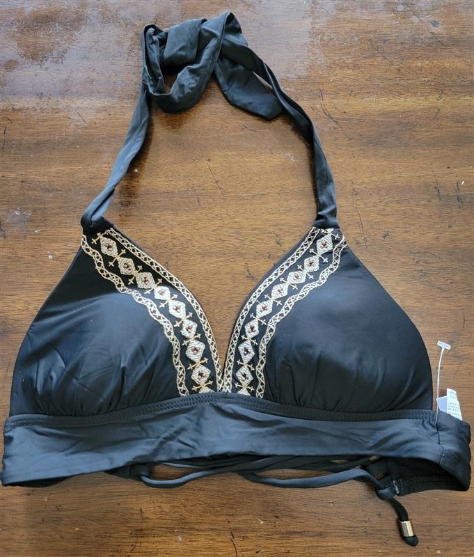 NWT Ella Moss S Black Gold Embroidery Halter Triangle Bikini Swim Top 121850
