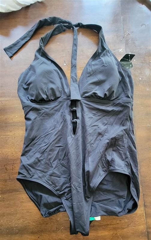 NWT Ralph Lauren 14 Beach Knot Black Lattice Plunging 1pc Swimsuit 121912