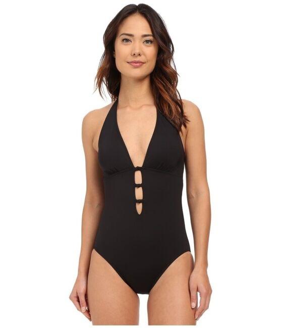 NWT Ralph Lauren 14 Beach Knot Black Lattice Plunging 1pc Swimsuit 121912