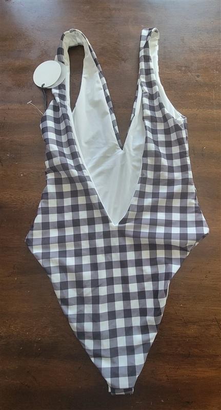 NWT Tularosa XXS Deep Plunge 1PC Swimsuit Black White Check Gingham #121918