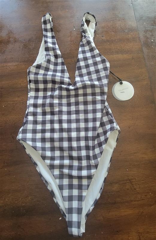 NWT Tularosa XXS Deep Plunge 1PC Swimsuit Black White Check Gingham #121918