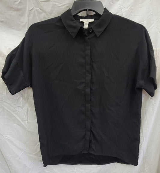 NWOT H Halston XS Button Up Black Short Sleeve Shirt 121984