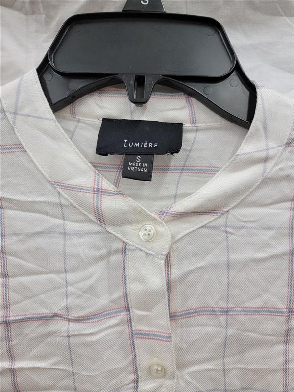 NWOT Lumiere S Mandarin Collar Plaid Tunic Shirt White Blue pink 122054